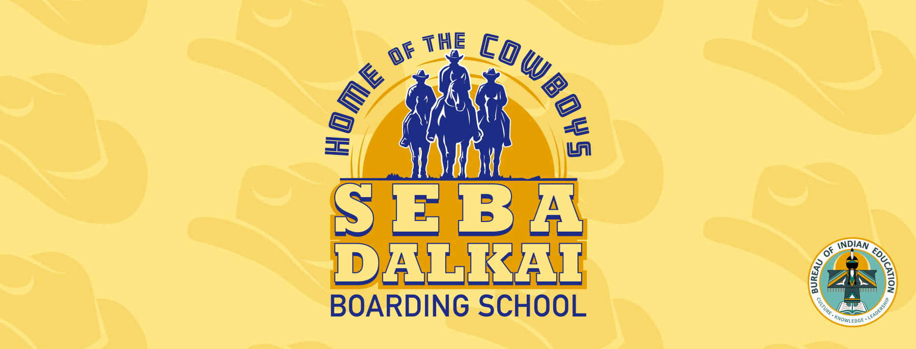 Gold banner with the logo for Seba Dalkai Boarding School, showcasing three cowboys on horseback in dark blue.