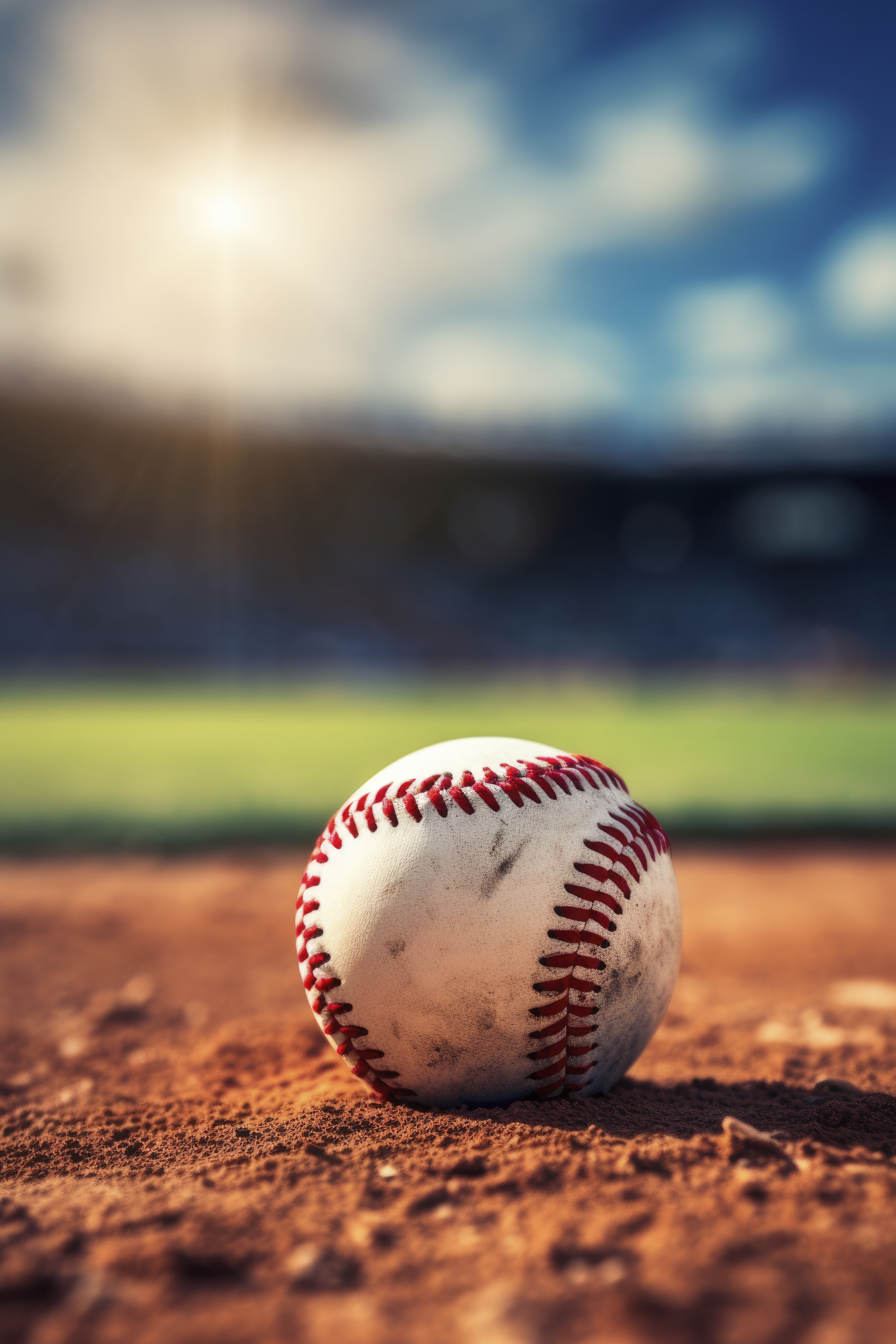 A baseball resting on the field with the sun shining in the background.