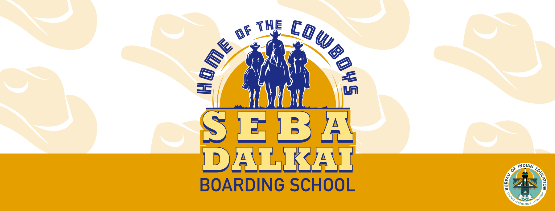 Banner with the logo for Seba Dalkai Boarding School, showcasing three cowboys on horseback in dark blue.