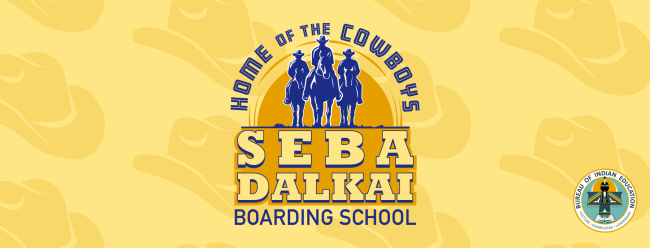 Gold banner with the logo for Seba Dalkai Boarding School, showcasing three cowboys on horseback in dark blue.