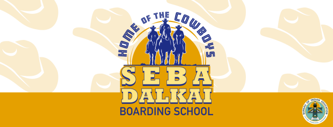 Banner with the logo for Seba Dalkai Boarding School, showcasing three cowboys on horseback in dark blue.